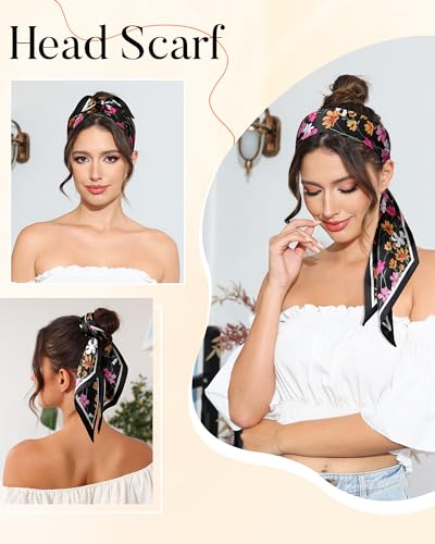 AWAYTR Long Silk Feel Scarf Women Hair Scarf Satin Neck Scarf Tie Bandana Headband Scarf Edge Wrap Head Scarf Purse Handbags (Black Flowers)