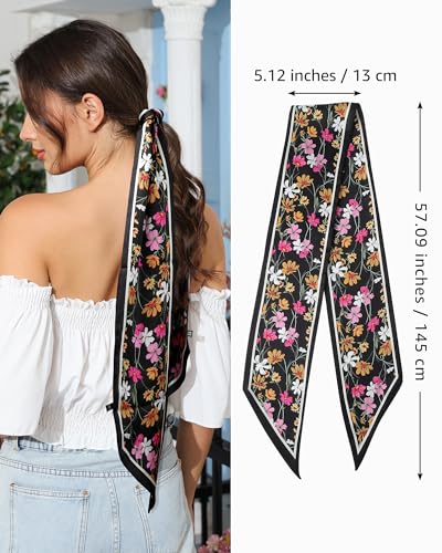 AWAYTR Long Silk Feel Scarf Women Hair Scarf Satin Neck Scarf Tie Bandana Headband Scarf Edge Wrap Head Scarf Purse Handbags (Black Flowers)