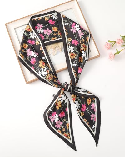 AWAYTR Long Silk Feel Scarf Women Hair Scarf Satin Neck Scarf Tie Bandana Headband Scarf Edge Wrap Head Scarf Purse Handbags (Black Flowers)