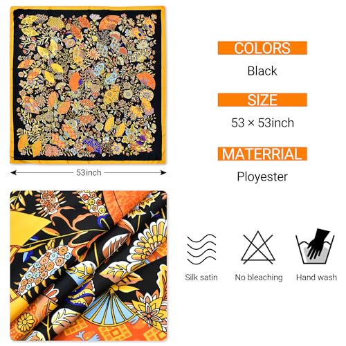 53” Large Head Scarf for Women - Silk Satin Scarf for Hair Wrapping at Night Bandana Square Scarf for Sleeping (Black)