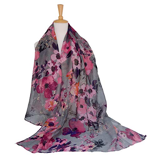 GERINLY Lightweight Scarves Fashion Flowers Print Shawl Wrap for Women Summer Floral Accessory Outfit (Purple Gray)
