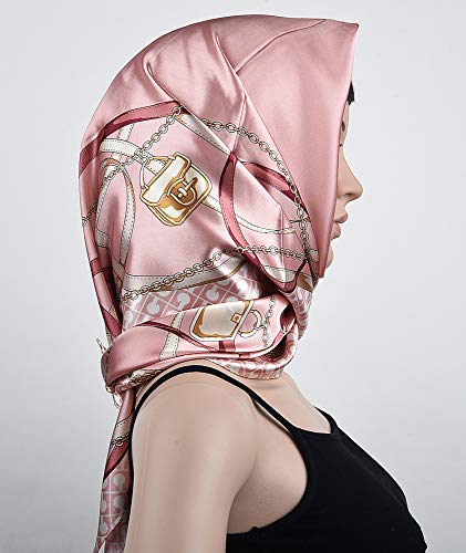 corciova 35 x 35 Women Silk Hair Scarf Pale Pink Chains Belts Curly Headband Tie Sleeping at Night Fashion Bandana Headscarf