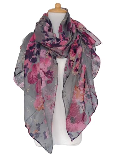 GERINLY Lightweight Scarves Fashion Flowers Print Shawl Wrap for Women Summer Floral Accessory Outfit (Purple Gray)