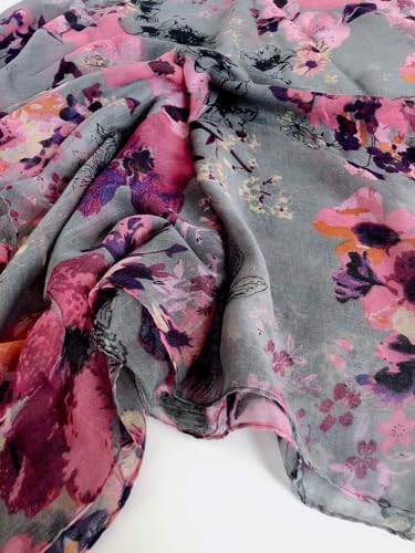 GERINLY Lightweight Scarves Fashion Flowers Print Shawl Wrap for Women Summer Floral Accessory Outfit (Purple Gray)