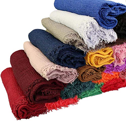 XRDSS Summer Cotton Blend Crinkle Vintage Soft Scarf with Fringed Edges 35" × 70" (Black)