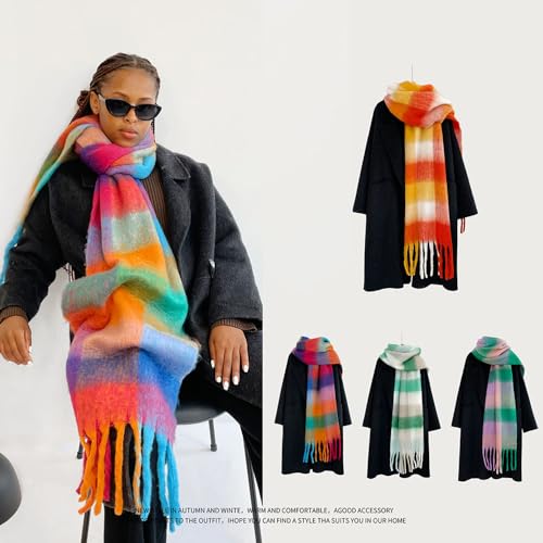 OUNIYA Large Chunky Plaid Scarf Checked Colorful Oversized Scarves Soft Big Cashmere Wool Thick Winter Warm Blanket Women (rainbow)