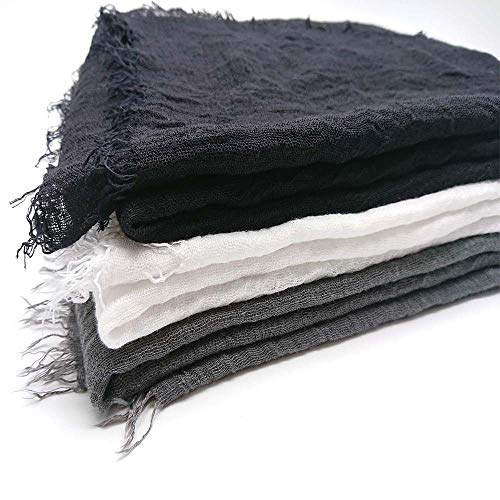 XRDSS Summer Cotton Blend Crinkle Vintage Soft Scarf with Fringed Edges 35" × 70" (Black)