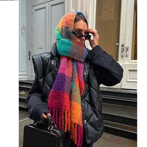 OUNIYA Large Chunky Plaid Scarf Checked Colorful Oversized Scarves Soft Big Cashmere Wool Thick Winter Warm Blanket Women (rainbow)