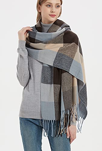Wander Agio Womens Fashion Long Shawl Big Scarves Grid Winter Warm Large Plaid Scarf Blue Brown 9