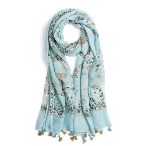 QIUTIMIY Scarf for Women Lightweight Soft Floral Printed Scarves Fall Winter Fashion Shawl Wrap with Fringe(Flower-Blue Brown)