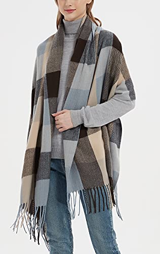 Wander Agio Womens Fashion Long Shawl Big Scarves Grid Winter Warm Large Plaid Scarf Blue Brown 9