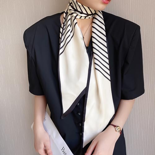 vimate Satin Scarf for Women - Skinny White and Black Striped Scarf for Women Lightweight Handbag Scarf (Style 07)