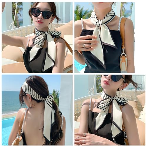 vimate Satin Scarf for Women - Skinny White and Black Striped Scarf for Women Lightweight Handbag Scarf (Style 07)
