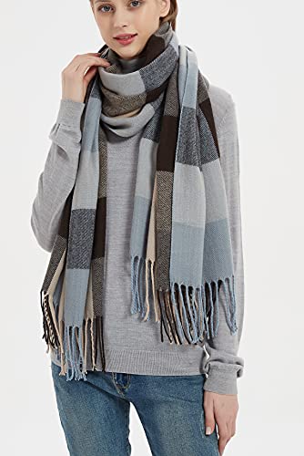 Wander Agio Womens Fashion Long Shawl Big Scarves Grid Winter Warm Large Plaid Scarf Blue Brown 9