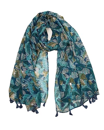 YOUR SMILE Large Boho Scarf for Women Lightweight Floral Printed Scarves Fall Winter Fashion Fringed Shawl wraps (01 Teal Leaves)