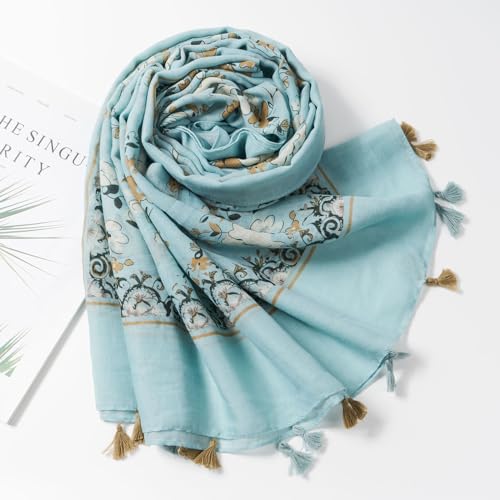 QIUTIMIY Scarf for Women Lightweight Soft Floral Printed Scarves Fall Winter Fashion Shawl Wrap with Fringe(Flower-Blue Brown)