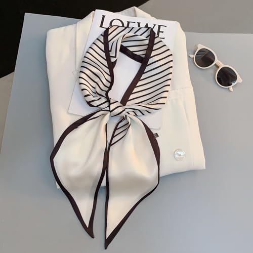 vimate Satin Scarf for Women - Skinny White and Black Striped Scarf for Women Lightweight Handbag Scarf (Style 07)