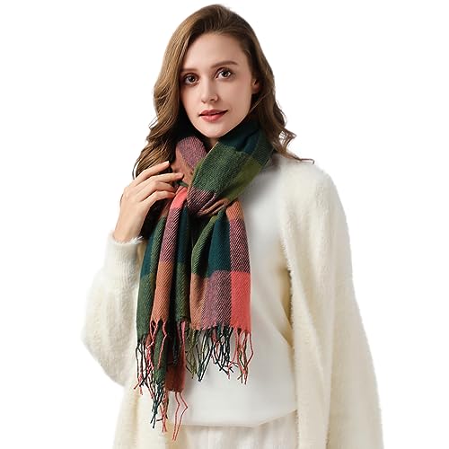 Clothirily Womens Winter Scarf - Fashion Plaid Scarf for Women Lightweight, Cashmere Feel Warm Soft Women Scarves, Long Blanket Scarf Shawl gifts for women, Red Green Lattice