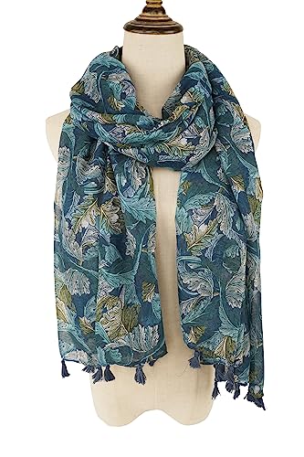 YOUR SMILE Large Boho Scarf for Women Lightweight Floral Printed Scarves Fall Winter Fashion Fringed Shawl wraps (01 Teal Leaves)