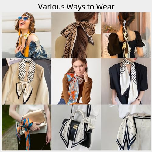 vimate Satin Scarf for Women - Skinny White and Black Striped Scarf for Women Lightweight Handbag Scarf (Style 07)