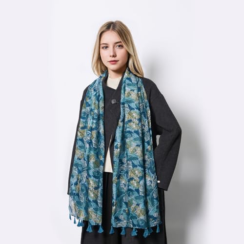 QIUTIMIY Scarf for Women Lightweight Soft Floral Printed Scarves Fall Winter Fashion Shawl Wrap with Fringe(Flower-Blue Brown)