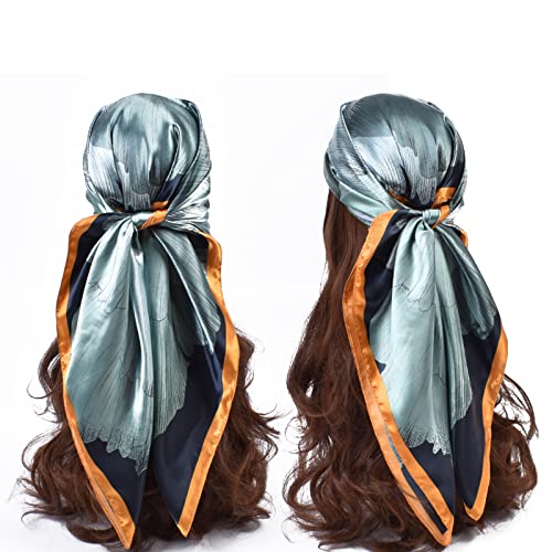 EIysee 35 x 35 Women's Fashion Pattern Large Square Silk Like Hair Scarf Head Sleeping Wrap Satin Neck Bandana for Gift… (Blue - Peony)