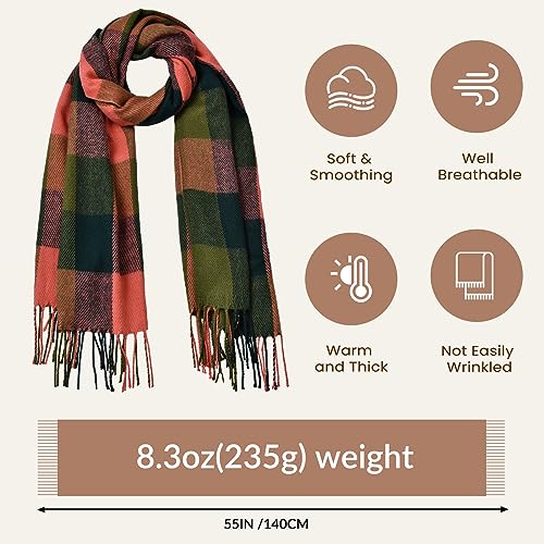Clothirily Womens Winter Scarf - Fashion Plaid Scarf for Women Lightweight, Cashmere Feel Warm Soft Women Scarves, Long Blanket Scarf Shawl gifts for women, Red Green Lattice