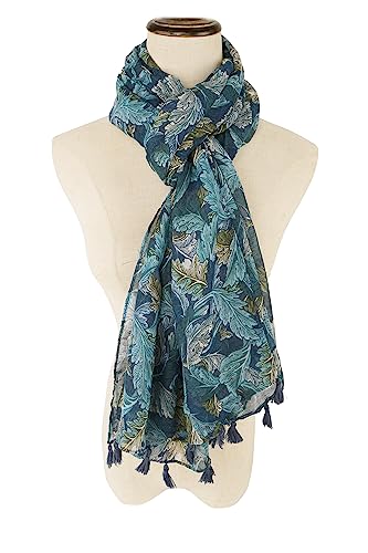 YOUR SMILE Large Boho Scarf for Women Lightweight Floral Printed Scarves Fall Winter Fashion Fringed Shawl wraps (01 Teal Leaves)