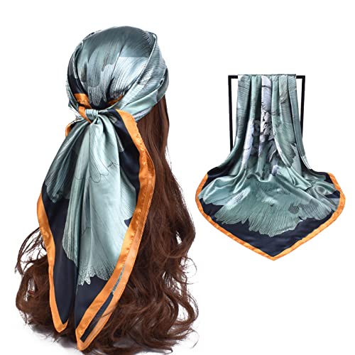 EIysee 35 x 35 Women's Fashion Pattern Large Square Silk Like Hair Scarf Head Sleeping Wrap Satin Neck Bandana for Gift… (Blue - Peony)