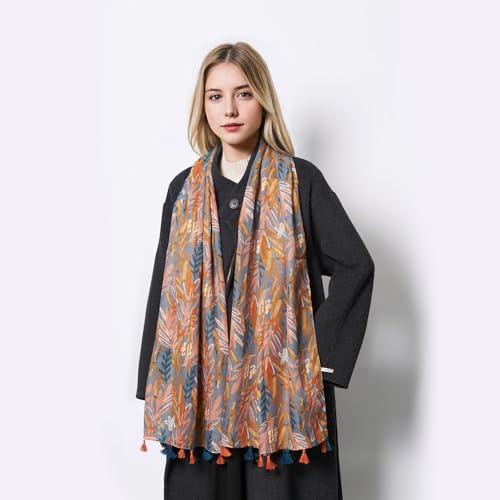 QIUTIMIY Scarf for Women Lightweight Soft Floral Printed Scarves Fall Winter Fashion Shawl Wrap with Fringe(Flower-Blue Brown)