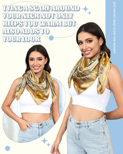 AWAYTR 35” Large Square Satin Head Scarf - 3Pcs Hair Scarves Bandana Beach Silk Feeling Headscarf for Women Hair