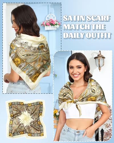 AWAYTR 35” Large Square Satin Head Scarf - 3Pcs Hair Scarves Bandana Beach Silk Feeling Headscarf for Women Hair