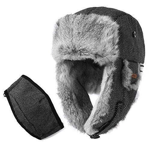 Comhats Winter 100% Real Rabbit Fur Aviator Trapper Hat for Men Ear Flaps Russian Ushanka Cold Weather with Mask Black Large