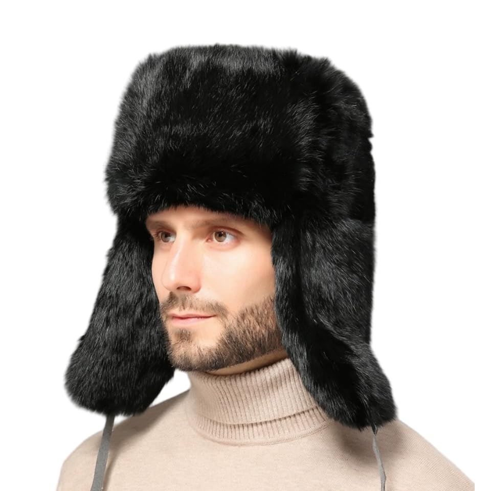 Faux Fur Trapper Hat Russian Ushanka Hat Men Windproof Aviator Trooper Cap Earflap Hat Thick Warm Plush Hat for Winter Hunting Skiing Black
