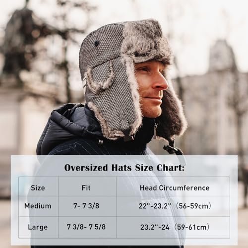 Comhats Winter 100% Real Rabbit Fur Aviator Trapper Hat for Men Ear Flaps Russian Ushanka Cold Weather with Mask Black Large