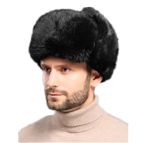 Faux Fur Trapper Hat Russian Ushanka Hat Men Windproof Aviator Trooper Cap Earflap Hat Thick Warm Plush Hat for Winter Hunting Skiing Black