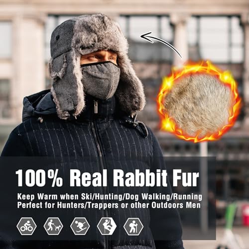 Comhats Winter 100% Real Rabbit Fur Aviator Trapper Hat for Men Ear Flaps Russian Ushanka Cold Weather with Mask Black Large
