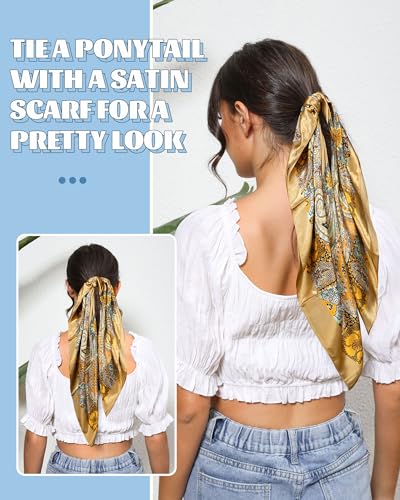 AWAYTR 35” Large Square Satin Head Scarf - 3Pcs Hair Scarves Bandana Beach Silk Feeling Headscarf for Women Hair
