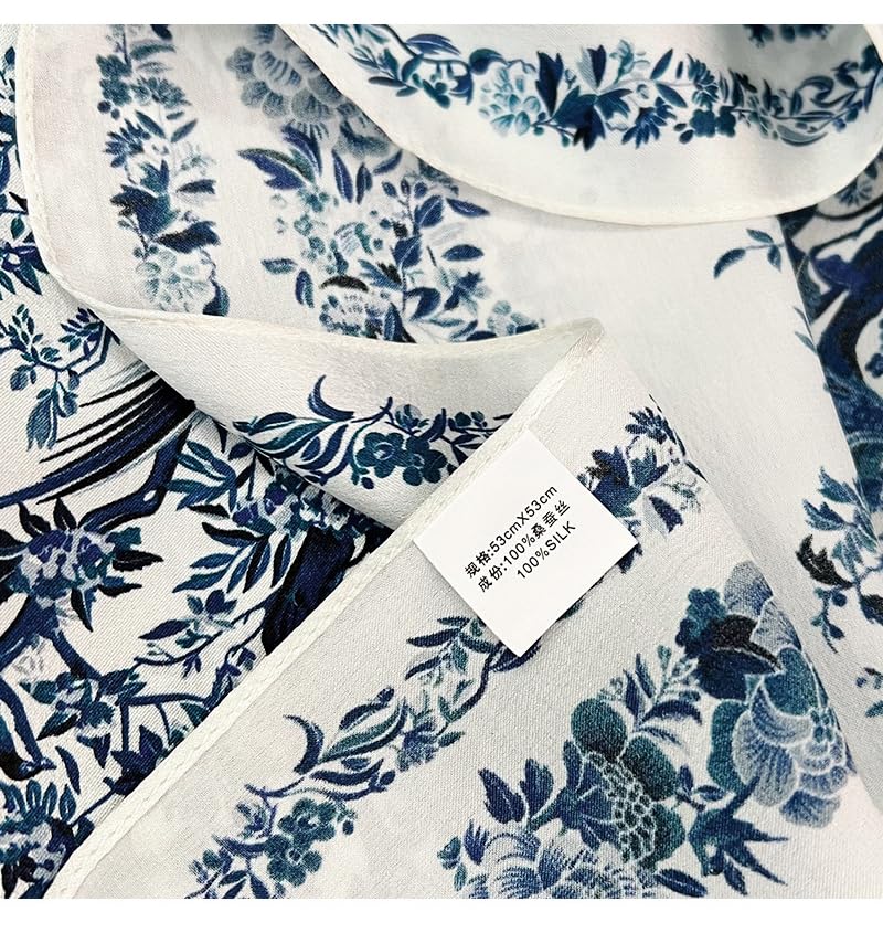 MEISEE 100% Mulberry Silk Scarfs Small Square Scarf 21" x 21" Neck Scarf Breathable Lightweight for Women Gift Packed (23-Blue White Flowers)