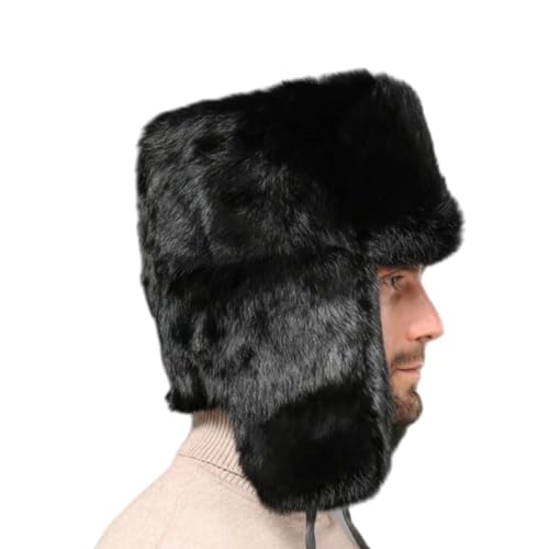 Faux Fur Trapper Hat Russian Ushanka Hat Men Windproof Aviator Trooper Cap Earflap Hat Thick Warm Plush Hat for Winter Hunting Skiing Black