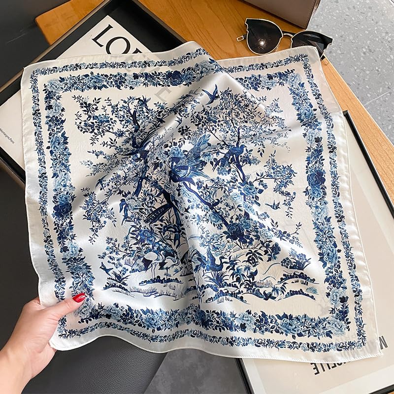 MEISEE 100% Mulberry Silk Scarfs Small Square Scarf 21" x 21" Neck Scarf Breathable Lightweight for Women Gift Packed (23-Blue White Flowers)