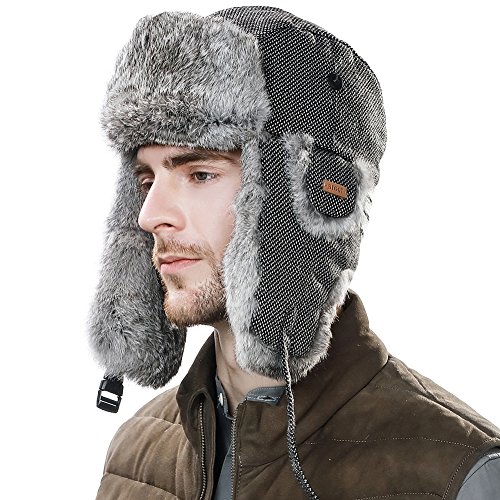 Comhats Winter 100% Real Rabbit Fur Aviator Trapper Hat for Men Ear Flaps Russian Ushanka Cold Weather with Mask Black Large