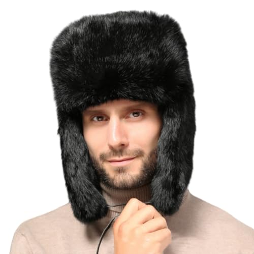 Faux Fur Trapper Hat Russian Ushanka Hat Men Windproof Aviator Trooper Cap Earflap Hat Thick Warm Plush Hat for Winter Hunting Skiing Black