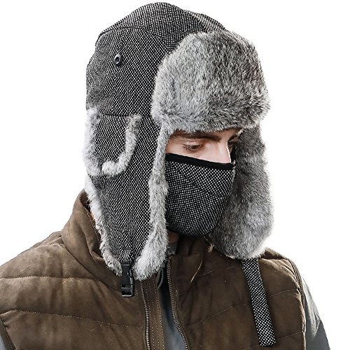 Comhats Winter 100% Real Rabbit Fur Aviator Trapper Hat for Men Ear Flaps Russian Ushanka Cold Weather with Mask Black Large