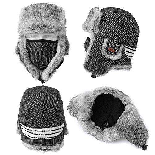 Comhats Winter 100% Real Rabbit Fur Aviator Trapper Hat for Men Ear Flaps Russian Ushanka Cold Weather with Mask Black Large