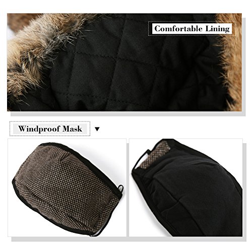Comhats Winter 100% Real Rabbit Fur Aviator Trapper Hat for Men Ear Flaps Russian Ushanka Cold Weather with Mask Black Large