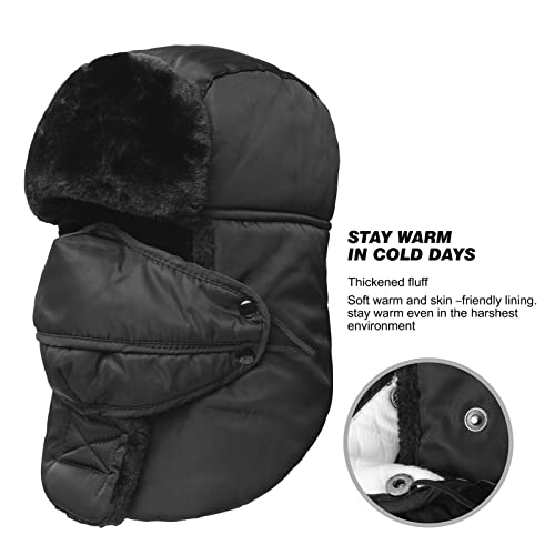 KOOLSOLY Winter Warm Unisex Winter Trooper Hunting Hat Trapper Hats with Ushanka Russian Ear Flap Chin Strap Windproof Mask, Black, One Size