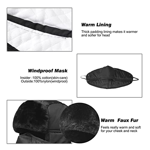 KOOLSOLY Winter Warm Unisex Winter Trooper Hunting Hat Trapper Hats with Ushanka Russian Ear Flap Chin Strap Windproof Mask, Black, One Size