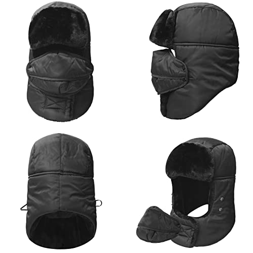 KOOLSOLY Winter Warm Unisex Winter Trooper Hunting Hat Trapper Hats with Ushanka Russian Ear Flap Chin Strap Windproof Mask, Black, One Size