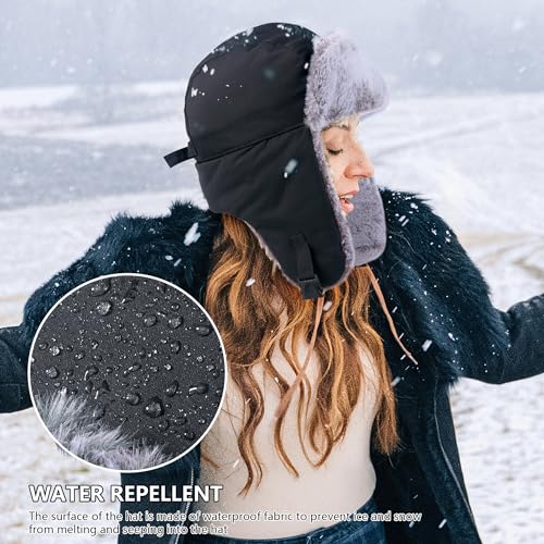 GADIEMKENSD Winter Trapper Hat for Men Warm Russian Ushanka for Women Snow Ski Hunting Trooper Hat with Ear Flaps Chin Strap Windproof Mask Faux Fur Hat Cold Weather Caps Black, XL